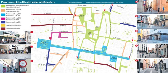 El mapa dels accessos al centre de Granollers amb els espais per a vianants