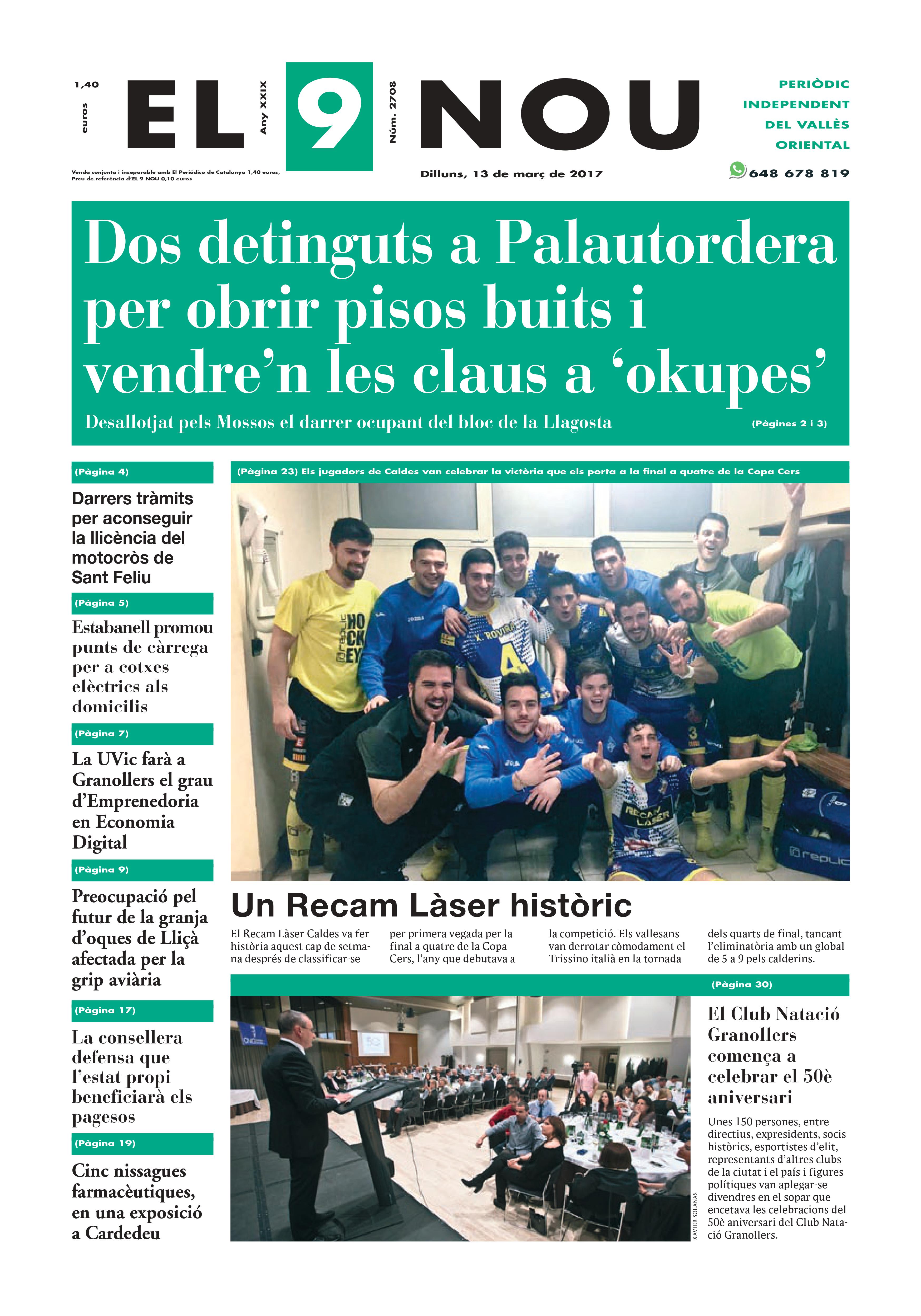 La portada d'EL 9 NOU del dilluns 13 de març de 2017