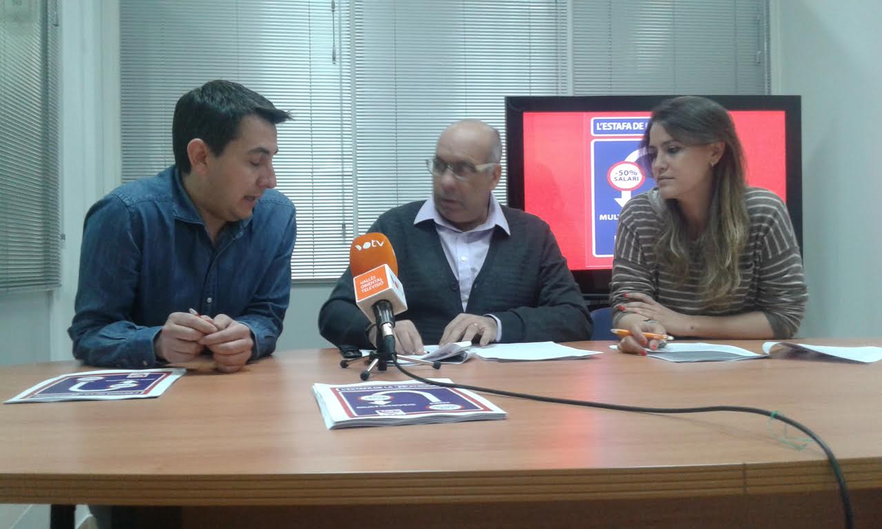 Òscar Riu, Vicenç Albiol i Afra Blanco en la presentació de la campanya, aquest dimarts a la seu de la UGT a Granollers