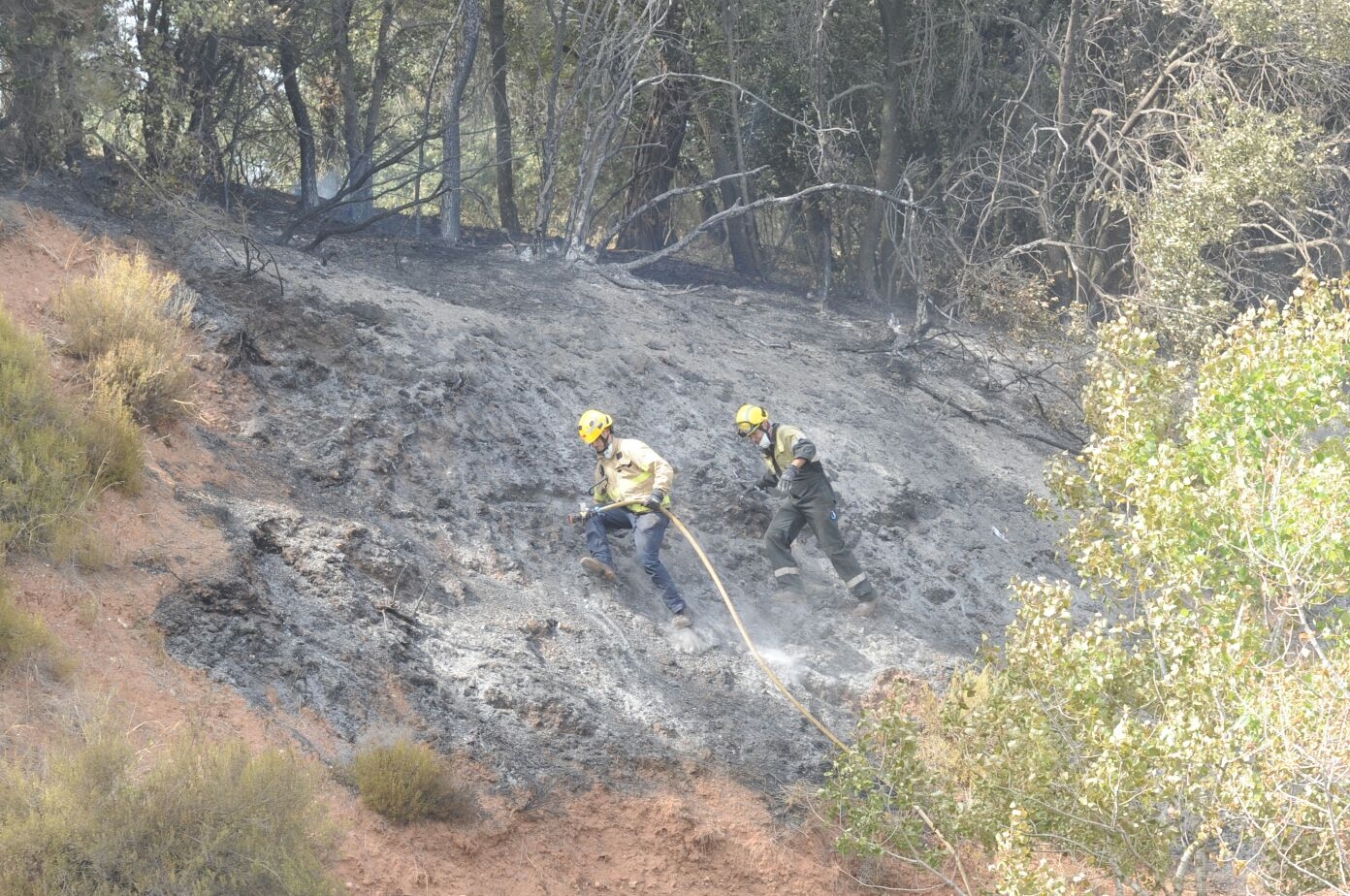 Dos efectius dels Bombers treballen en l'extinció de l'incendi d'aquesta tarda a Sant Pere de Vilamajor