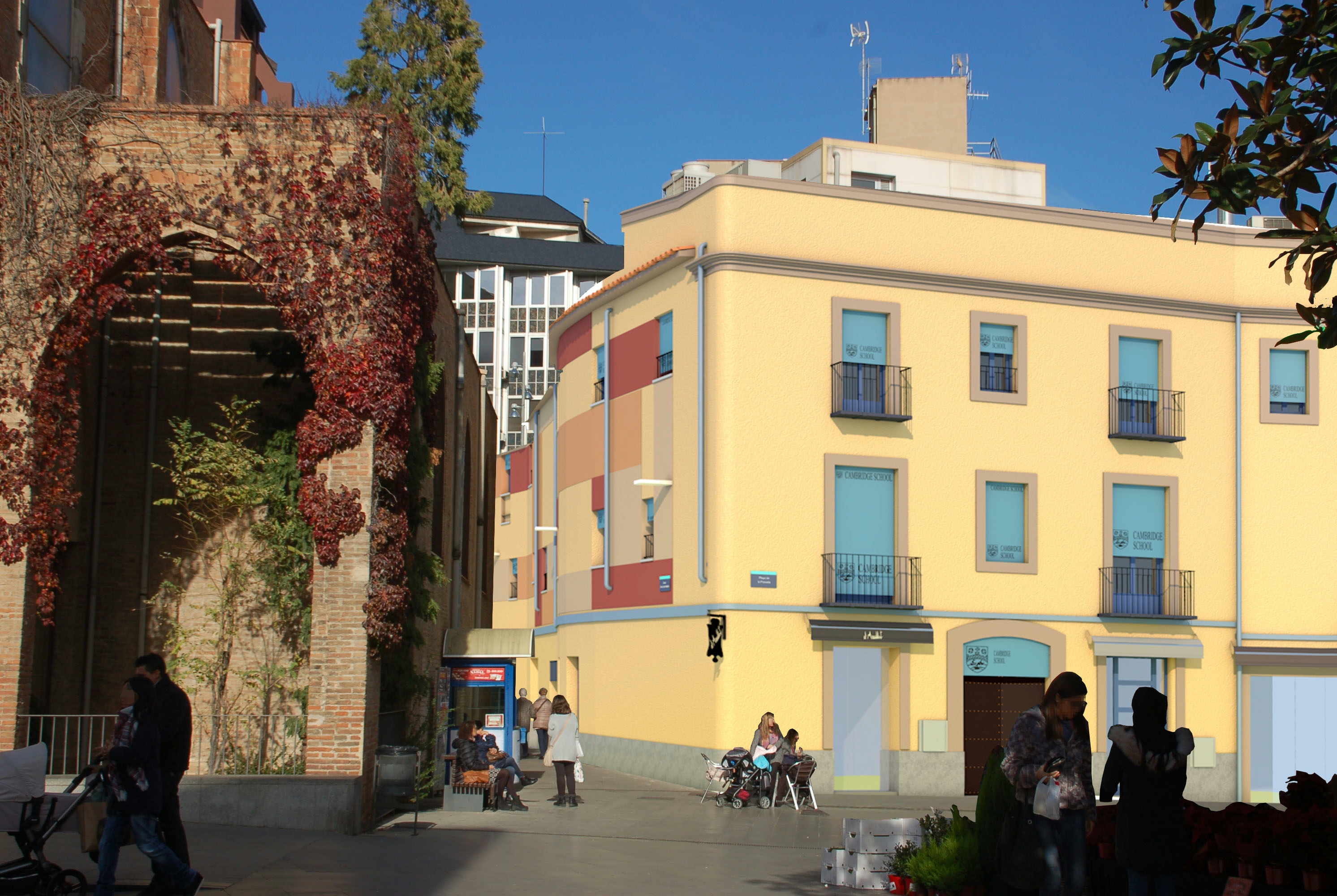 Imatge virtual de la façana de la plaça de la Porxada vista des de la plaça de l'Església