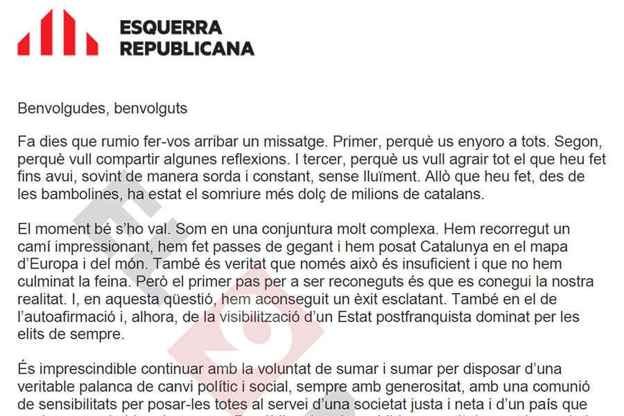 Junqueras ha adreçat la carta a la militància d'ERC