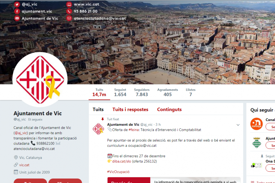 El perfil de l'Ajuntament de Vic és un dels més influents de l'estat espanyol