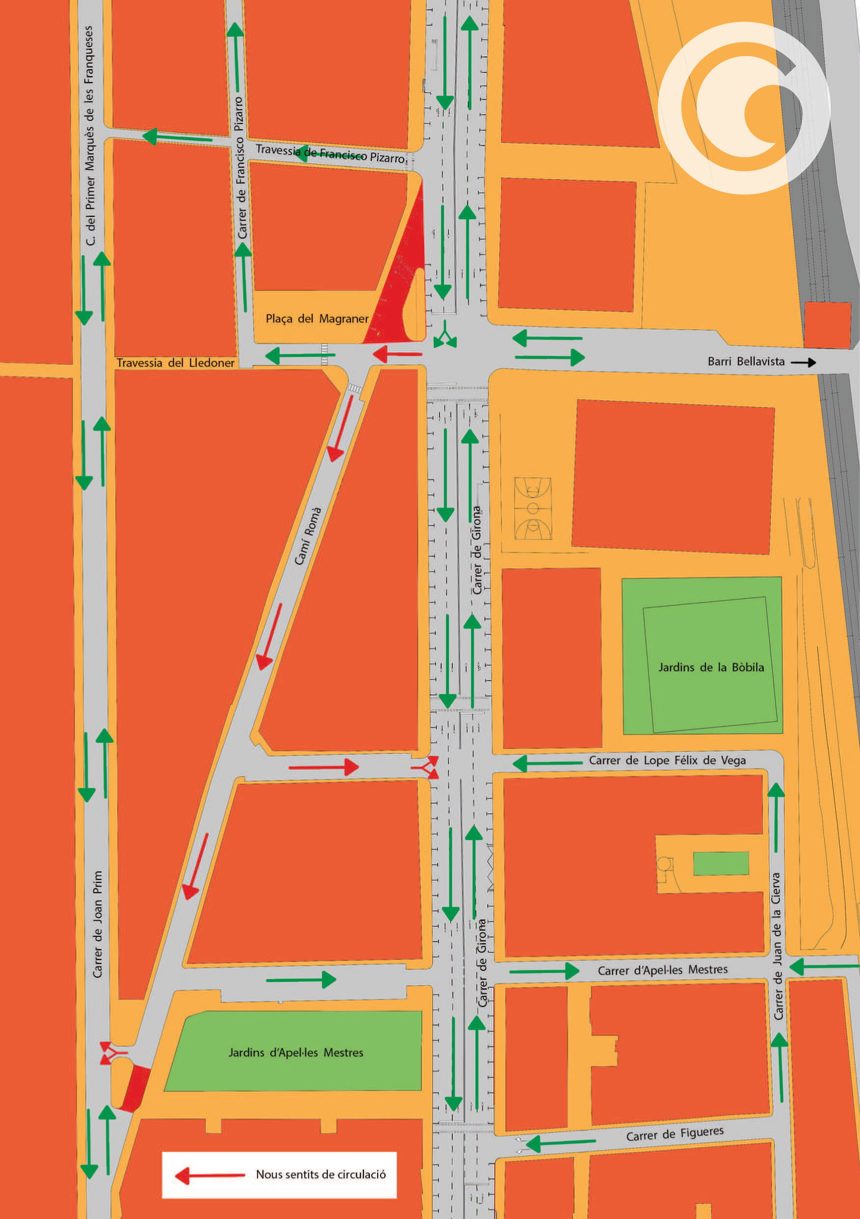 Plànol dels canvis de circulació al tram nord del carrer Girona