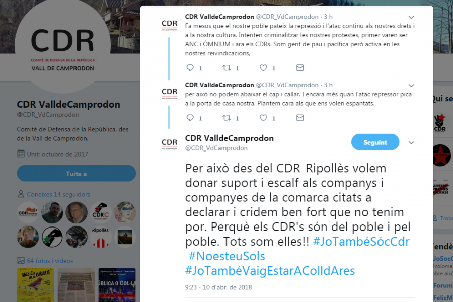 El CDR de la Vall de Camprodon ha fet tuits pels seus companys