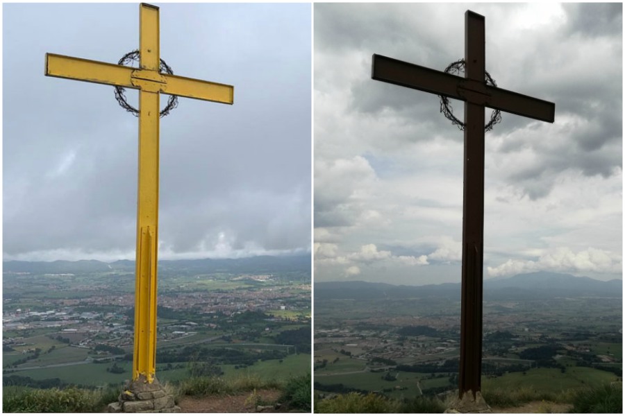 A l'esquerra, la Creu de Gurb, dilluns; a la dreta, una imatge d'avui