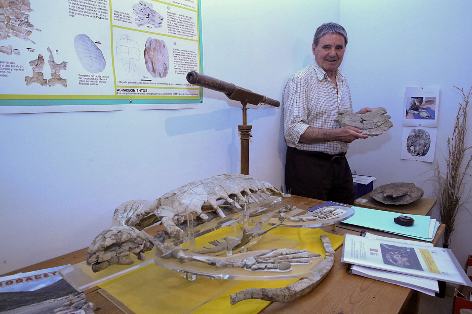 Francesc Farrés, amb el fòssil de la tortuga 'Osonachelus Decorata'