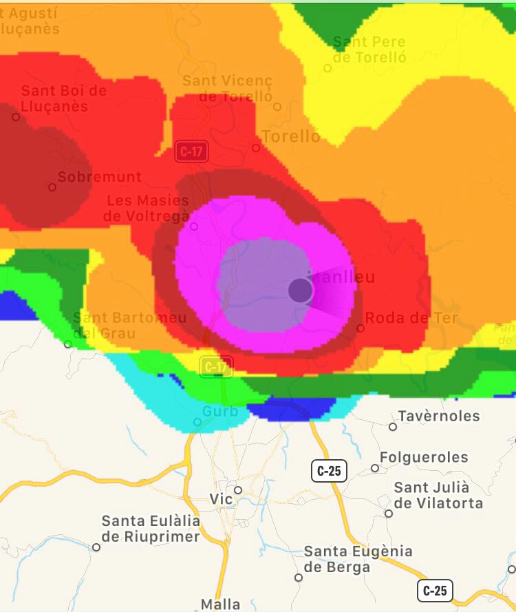 Imatge del radar meteorològic a dos quarts d'onze de la nit