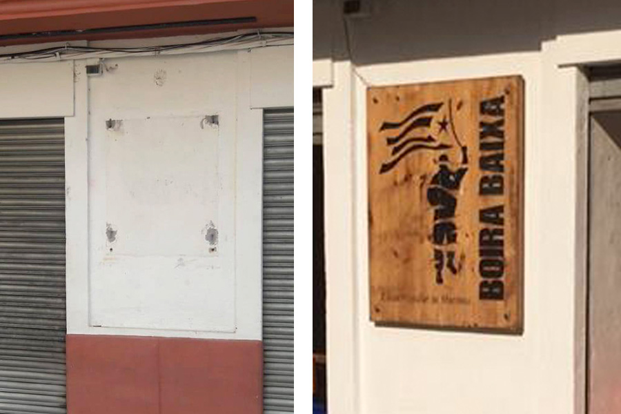 La façana del local aquest dimarts i el cartell desaparegut (a la dreta)