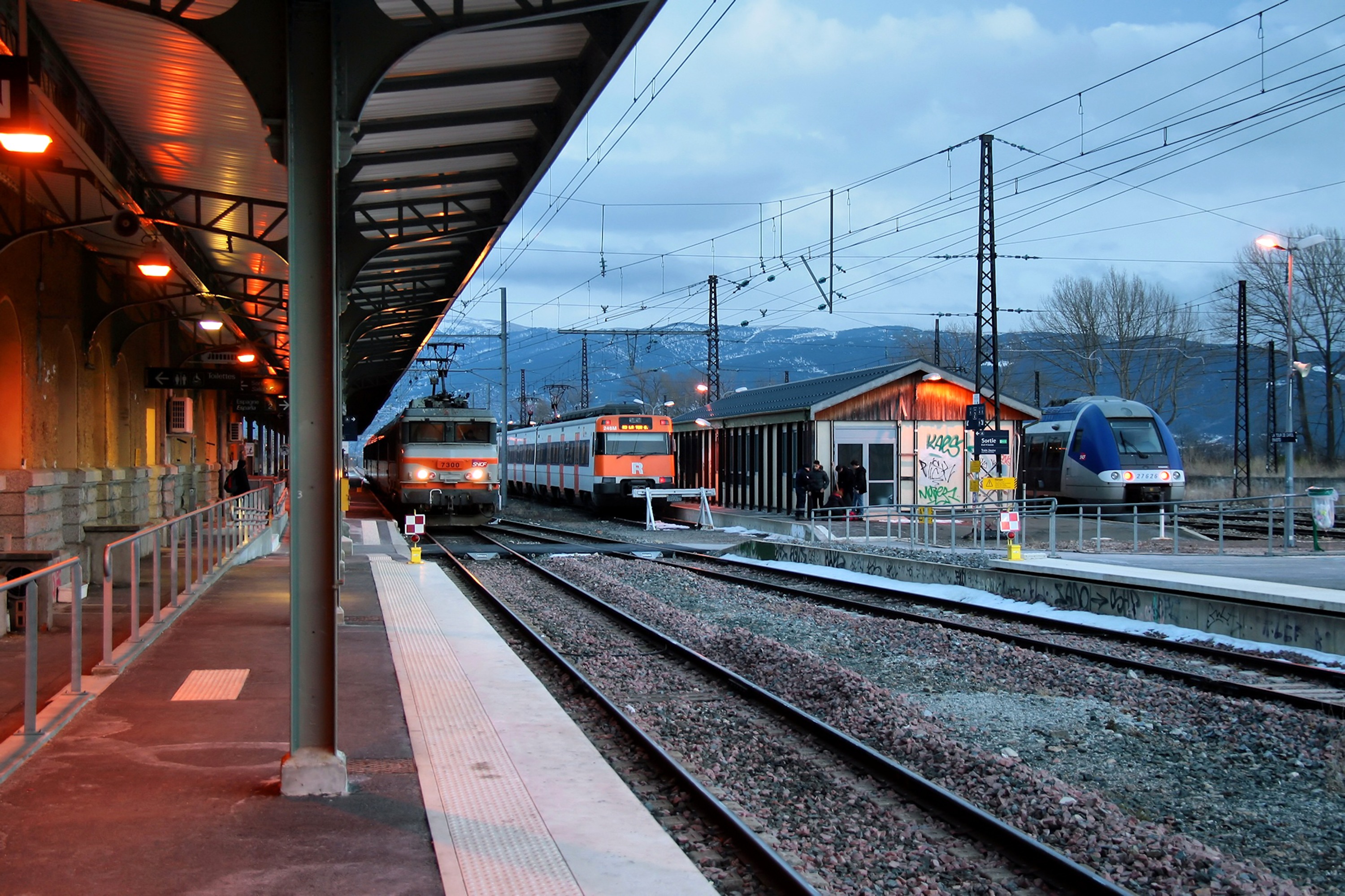 Un tren francès i un de rodalies a l'estació de la Tor de Querol