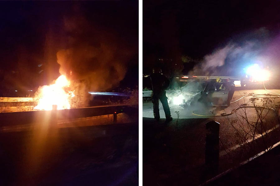A l'esquerra el cotxe quan encara cremava i a la dreta quan els Bombers ja havien extingit el foc