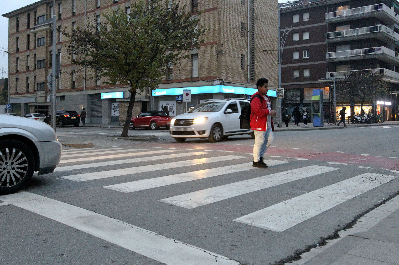 Un vianant creua un pas zebra al passeig de la Generalitat