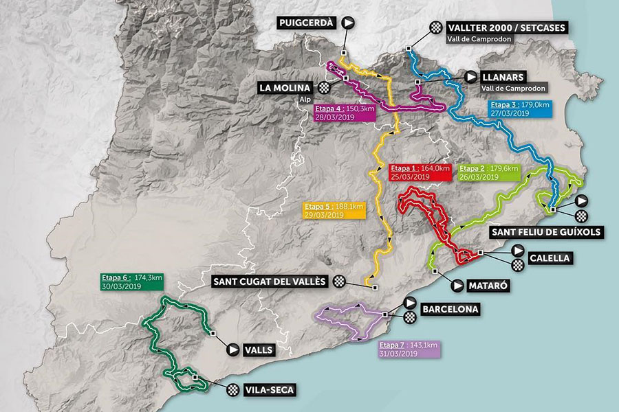Mapa amb les diferents etapes de la Volta Ciclista a Catalunya d'aquest 2019