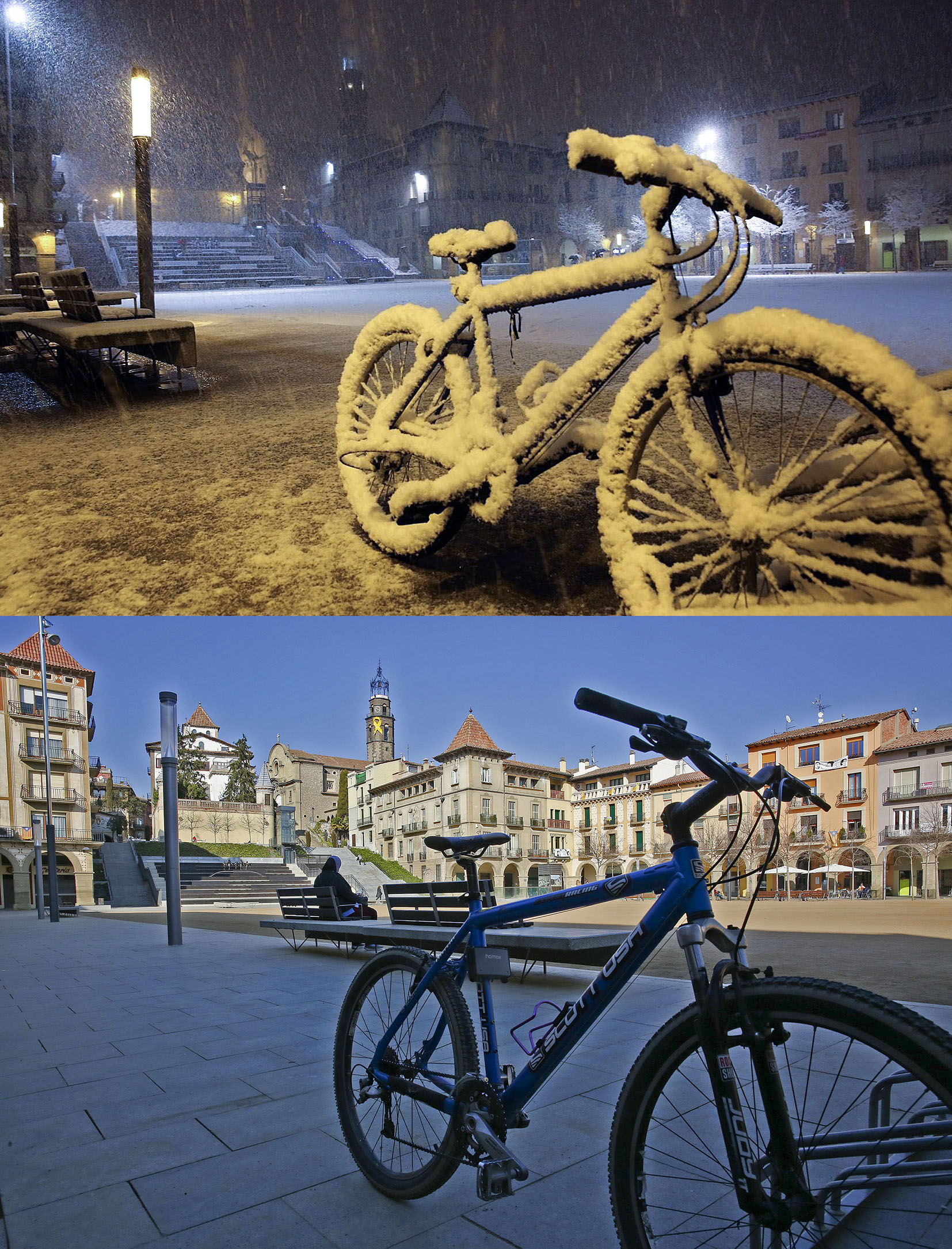 A dalt, una bicicleta que acumula neu el 26 de febrer de 2018; a sota, la mateixa imatge, un any després: la nit i el dia