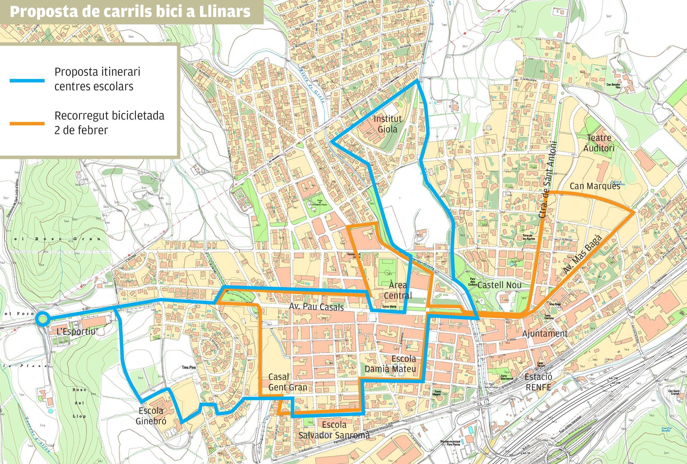 Mapa de la proposta de carril bici i del recorregut de la bicicletada reivindicativa