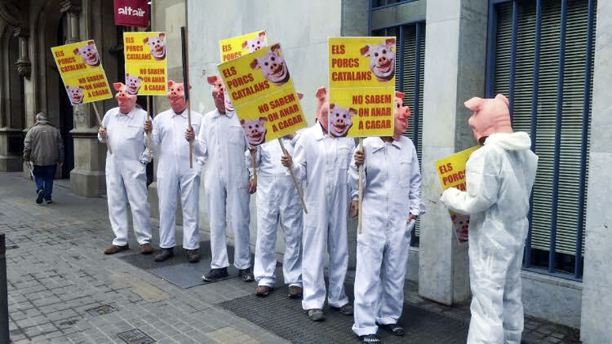 Els manifestants van passejar amb pancartes i disfressats de porcs davant la seu del DARP