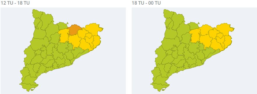 Mapa de la previsió de pluges a Catalunya per aquesta tarda i vespre