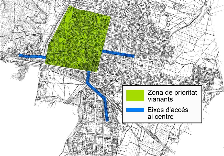 Mapa amb l'espai de prioritat per a vianants del centre i els eixos on s'afavoreixen els desplaçaments a peu eliminant l'aparcament de forma provisional