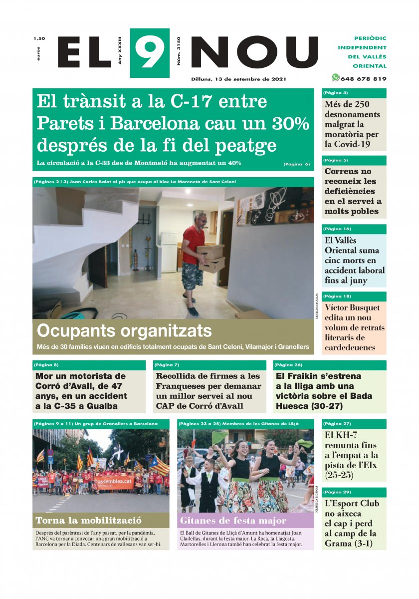 Primera Plana EL 9 NOU del Vallès Oriental del 13 de setembre de 2021