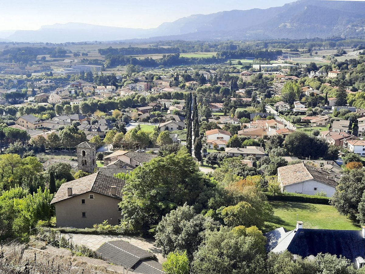 Els característics xiprers de l'avinguda Riambau, al centre de la imatge, vistos des del pla del castell de Tona