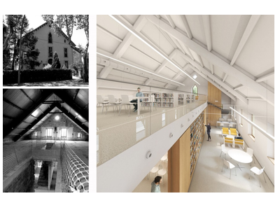 Imatges de l'estat actual de l'edifici de l'Arca de Noè, en blanc i negre, i de la biblioteca projectada, en color