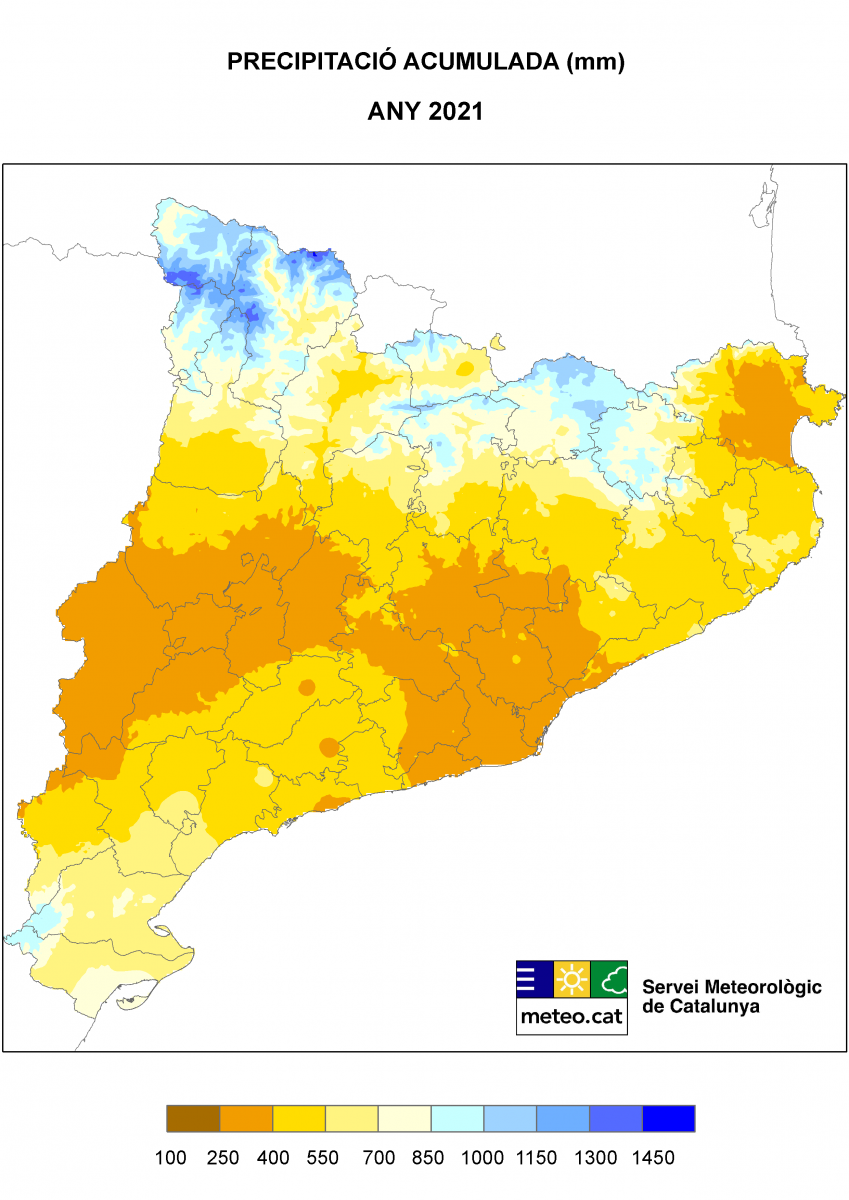 Mapa de la pluja acumulada a Catalunya l'any 2021