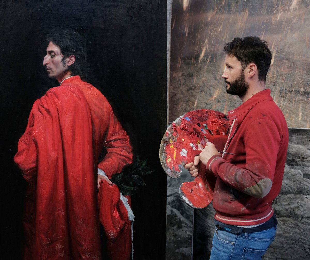 El pintor de Granollers en el procés d'elaboració d'un dels quadres, amb la figura de Dante