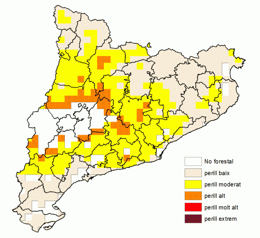Mapa del risc d'incendi per aquest divendres, moderat a bona part de la comarca