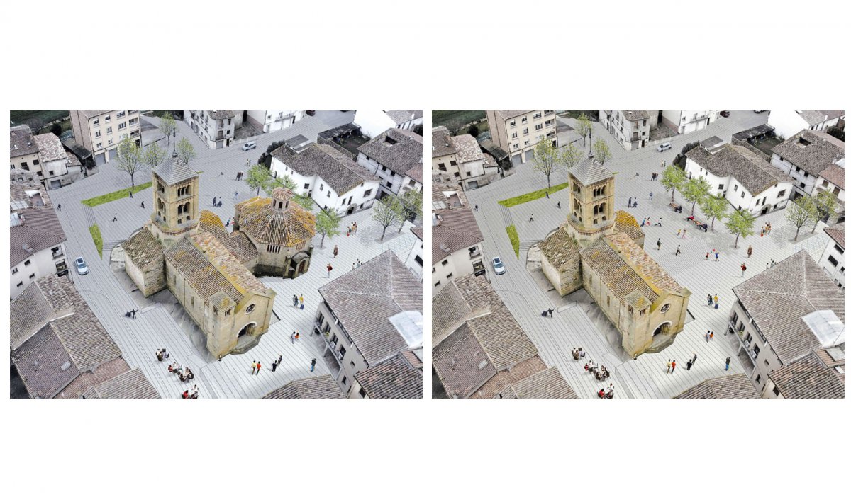 Simulació d'una vista aèria de la plaça on es veu com quedaria l'espai públic i l'església amb la garrafa i sense