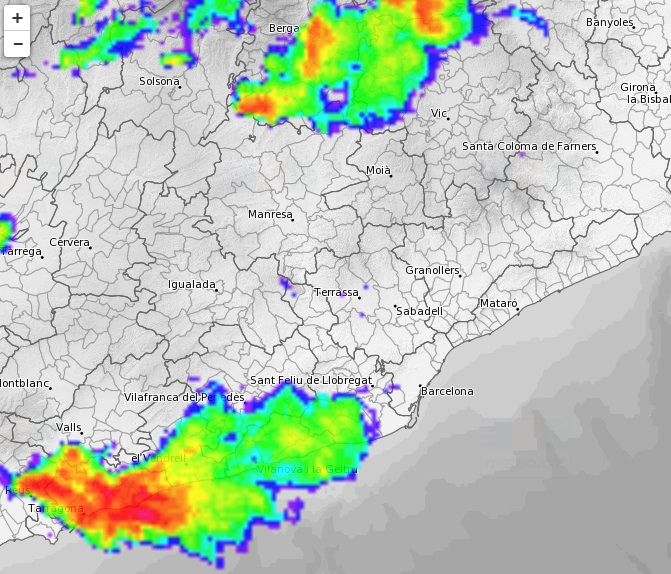 Imatge del radar aquest divendres cap a les 6 de la tarda amb una forta tempesta al sector del Garraf i Baix Llobregat