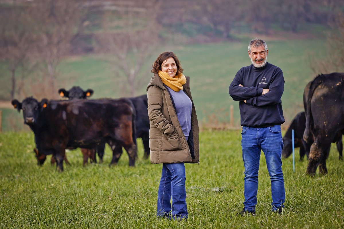 Cristina Puigdollers i Jesús Navarro en una de les pastures de les vaques que hi ha a l'entorn d'el Macià, a les Masies de Roda