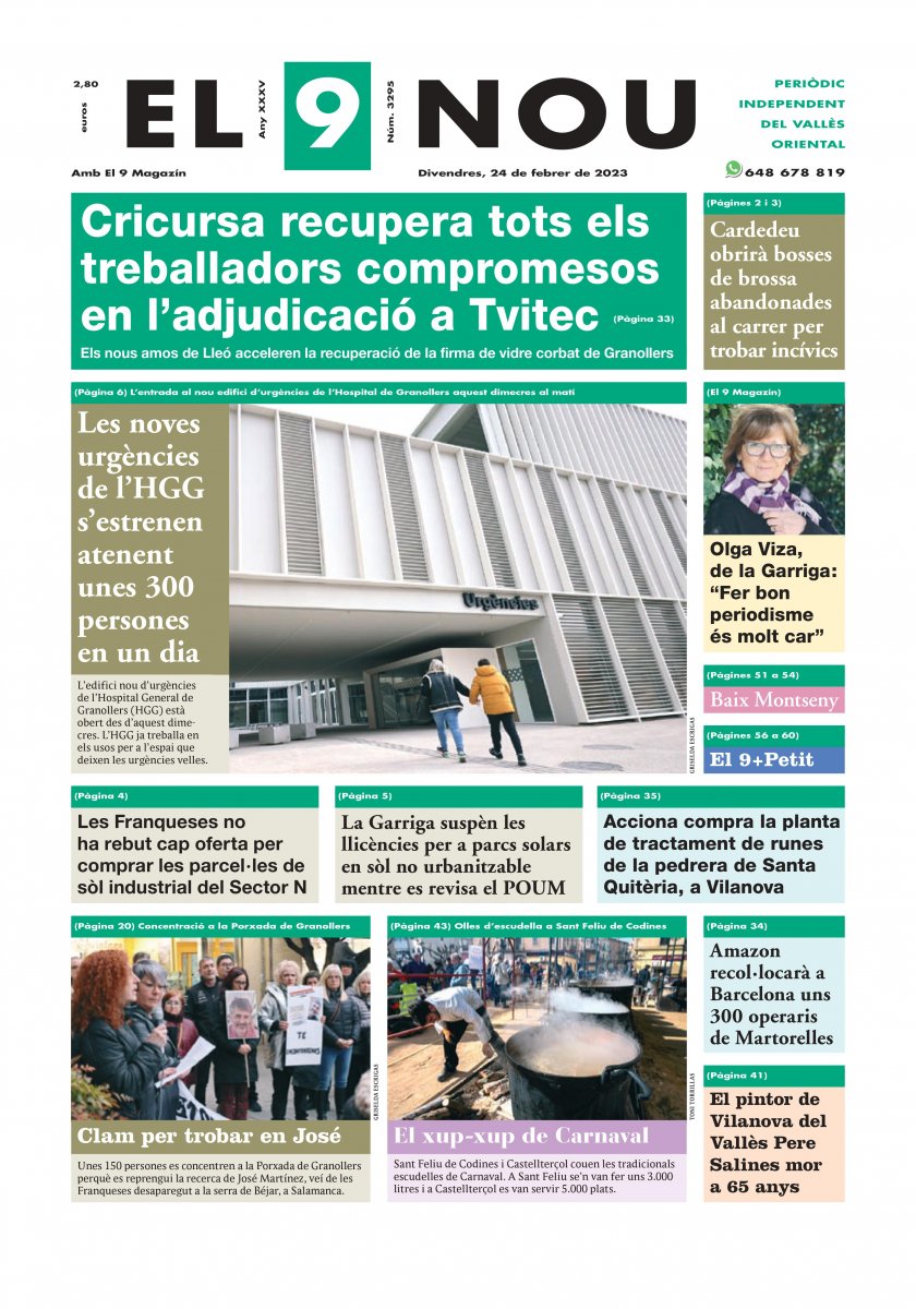 EL 9 NOU del Vallès Oriental del 24 de febrer de 2023: A la primera plana del diari: Cricursa recupera tots els treballadors compromesos en l'adjudicació a Tvitec. Els nous amos de Lleó acceleren la recuperació de la firma de vidre corbat de Granollers