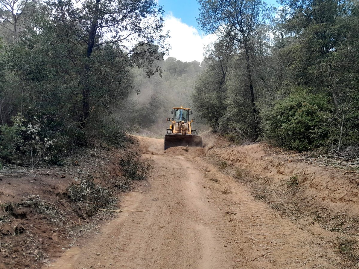 Una màquina mantenint una pista forestal a la Garriga en una imatge recent