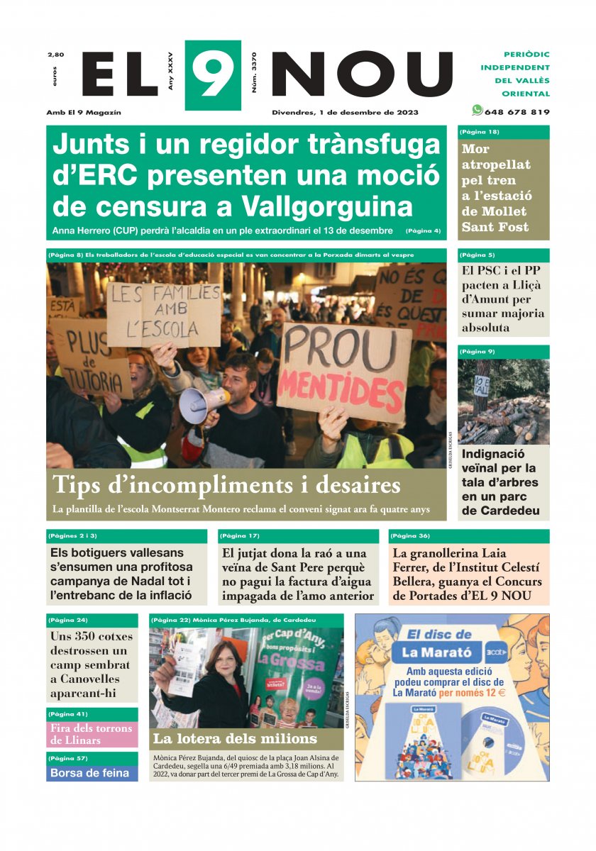 A la primera plana del diari d'aquest divendres: "Junts i un regidor trànsfuga d'ERC presenten una moció de censura a Vallgorguina. Anna Herrero (CUP) perdrà l'alcaldia en un ple extraordinari el 13 de desembre"