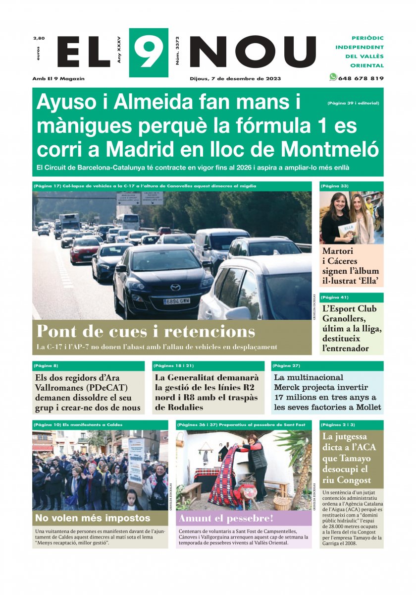A la primera plana d'EL 9 NOU d'aquest dijous: Ayuso i Almeida fan mans i mànigues perquè la fórmula 1 es corri a Madrid en lloc de Montmeló