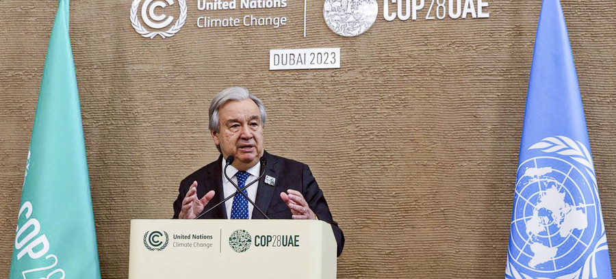 El secretari general de l'ONU, António Guterres, parla amb la premsa a l'Expo City, seu de la COP28 a Dubai