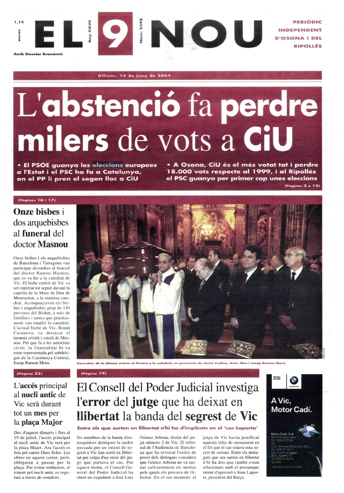 La portada d'EL 9 NOU del 14 de juny de 2004