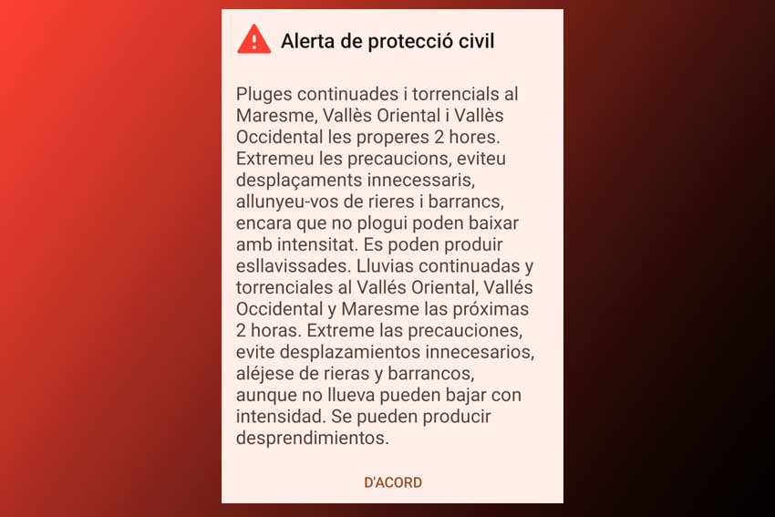 Alerta de Protecció Civil enviada als telèfons mòbils