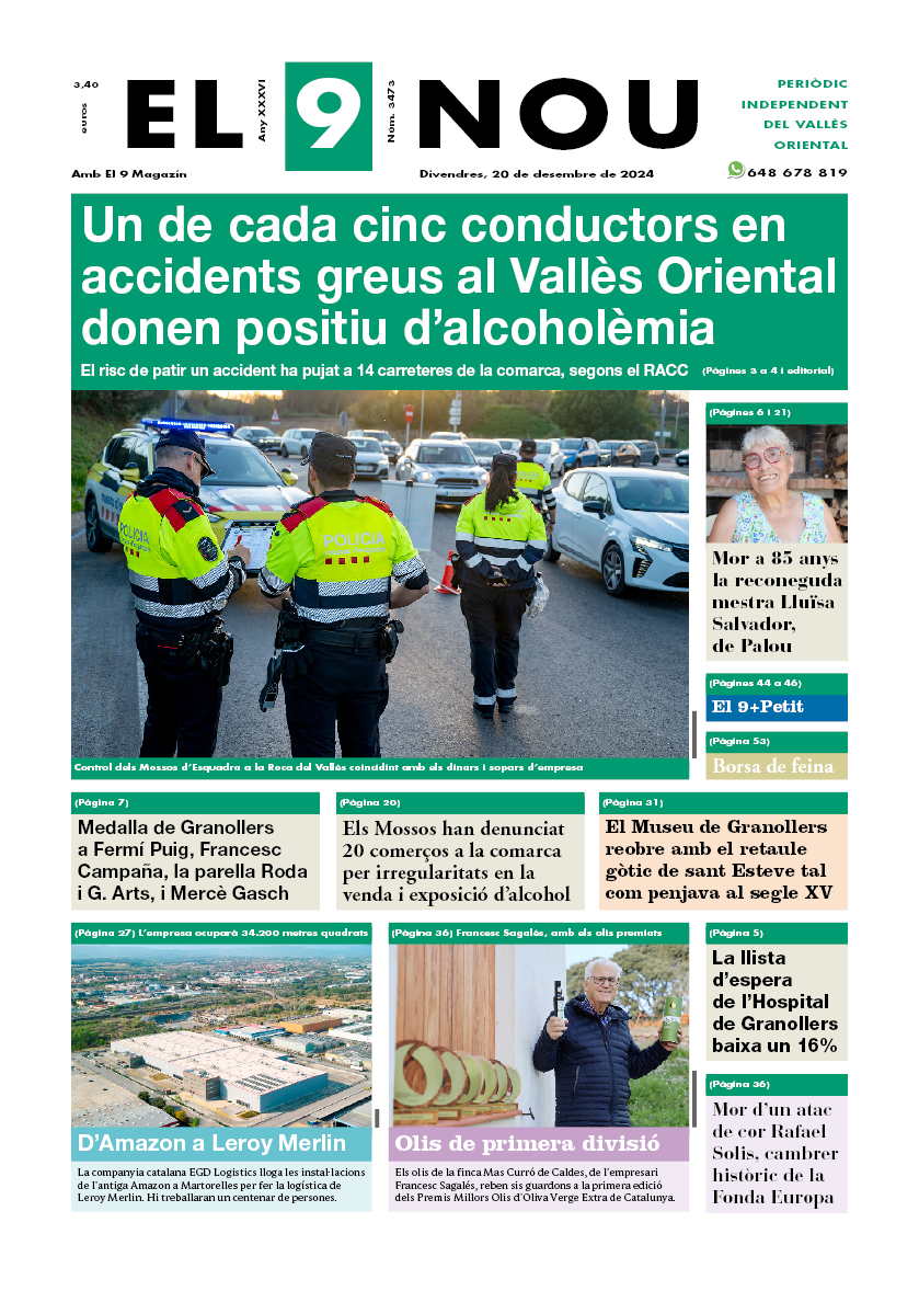 A la primera plana: Un de cada cinc conductors en accidents greus al Vallès Oriental donen positiu d'alcoholèmia. El risc de patir un accident ha pujat a 14 carreteres de la comarca, segons el RACC