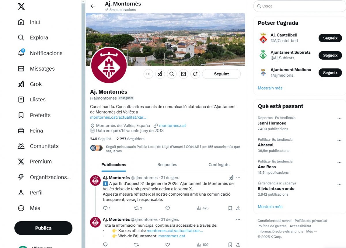 El perfil de X de l'Ajuntament de Montornès amb la darrera publicació