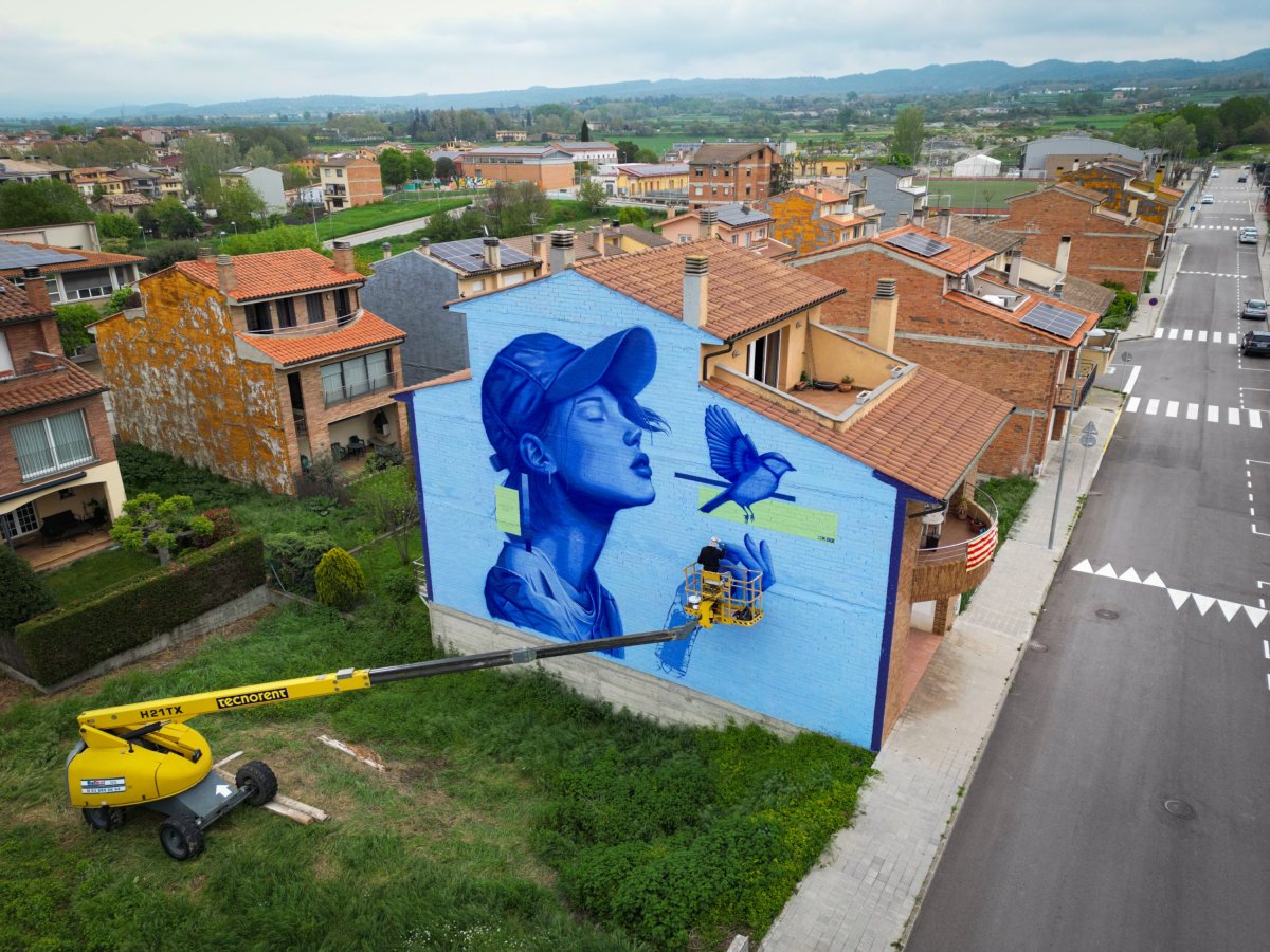 El mural del torellonenc Calde a vista de dron, mentre hi feia els darrers retocs
