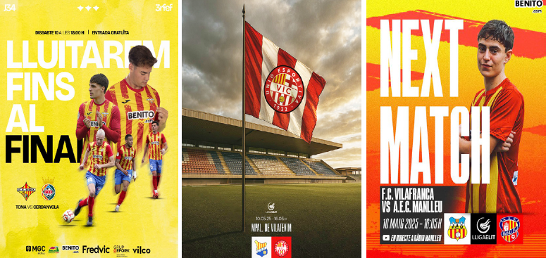 Cartells a xarxes socials de la FUE Tona, la UE Vic i l’AEC Manlleu per esperonar els seus aficionats a seguir els partits