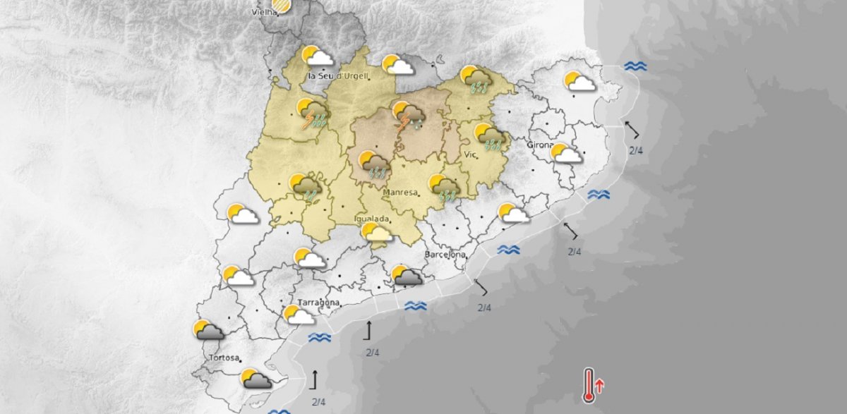 Mapa del Meteocat amb la previsió dde pluges per a aquest dijous a la tarda