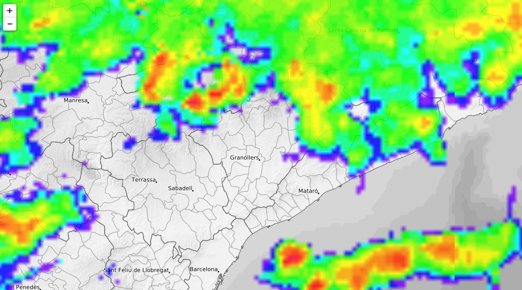 Imatge del radar amb pluja al Vallès Oriental aquest dimecres al matí
