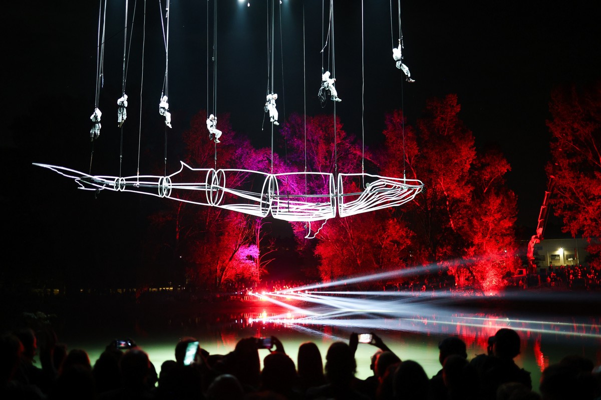 La balena il·luminada sobre el riu Ter controlada pels acròbates aeris i múltiplement captada pels telèfons dels espectadorsEl titella gegant que obria l’espectacle