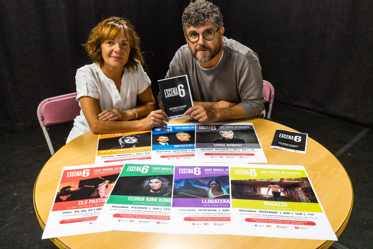 Inès Puigneró i Ernest Villegas, amb els cartells de la programació d’Escena 6 que es farà a Sant Miquel de Balenyà