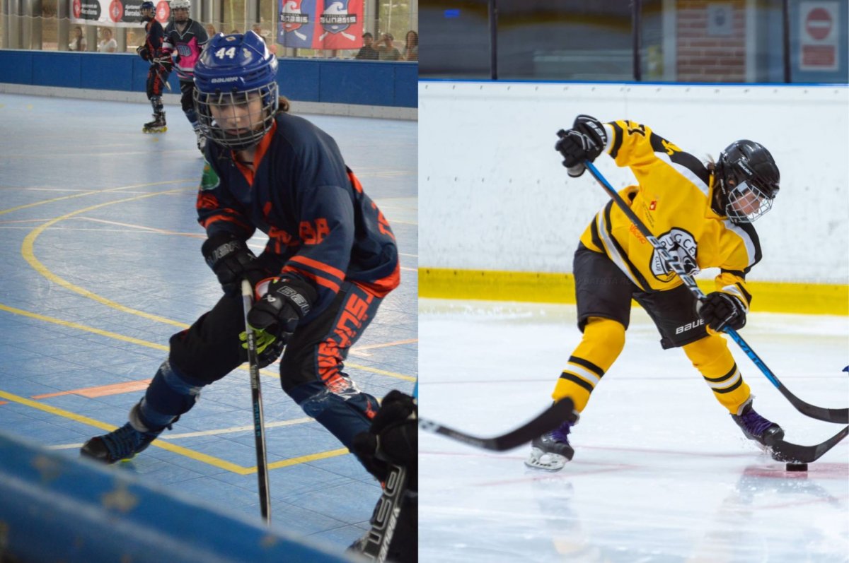 Arlet Badia practicant, a l'esquerra, l'hoquei en línia i, a la dreta, l'hoquei gel