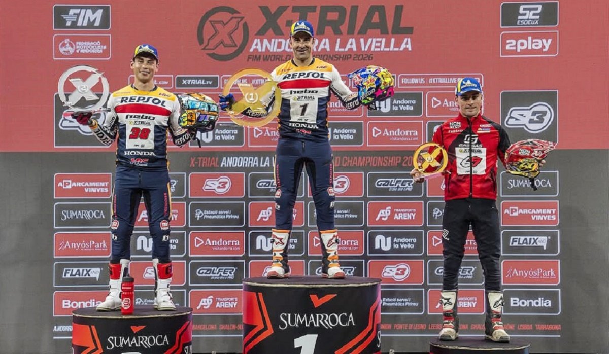 El podi d'Andorra, amb Gabriel Marcellui segon, per darrere de Toni Bou