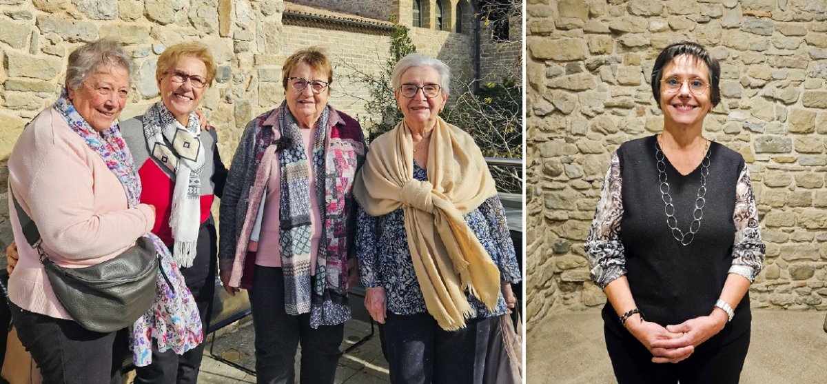 A l’esquerra, les veïnes de Sant Julià, Dolors Blanch, Bienvenida Pellicer, Mercè Canudas i M. Teresa Codony; i a la dreta, Margarita Rodellas, de Perafita
