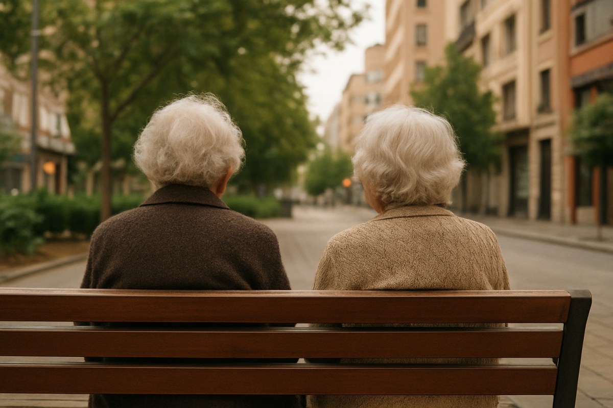 Dues senyores grans d'esquena assegudes en un banc